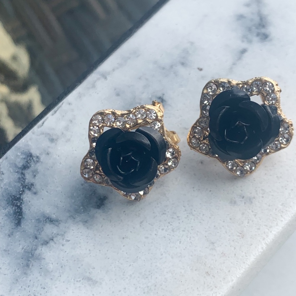 Black rose flower clip on earrings